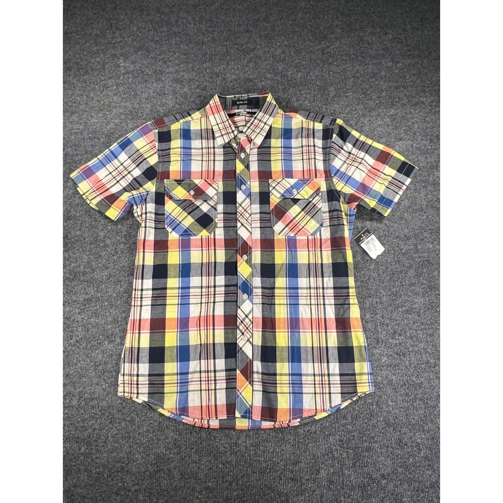 Carbon Men's Slim Fit Multicolor Plaid Short Sleeve Button Down L NWT
